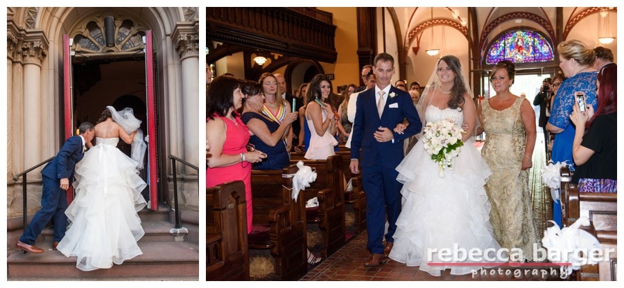 Carissa heads down the aisle with her parents at Church of the Holy Trinity in Rittenhouse Square, Philadelphia.