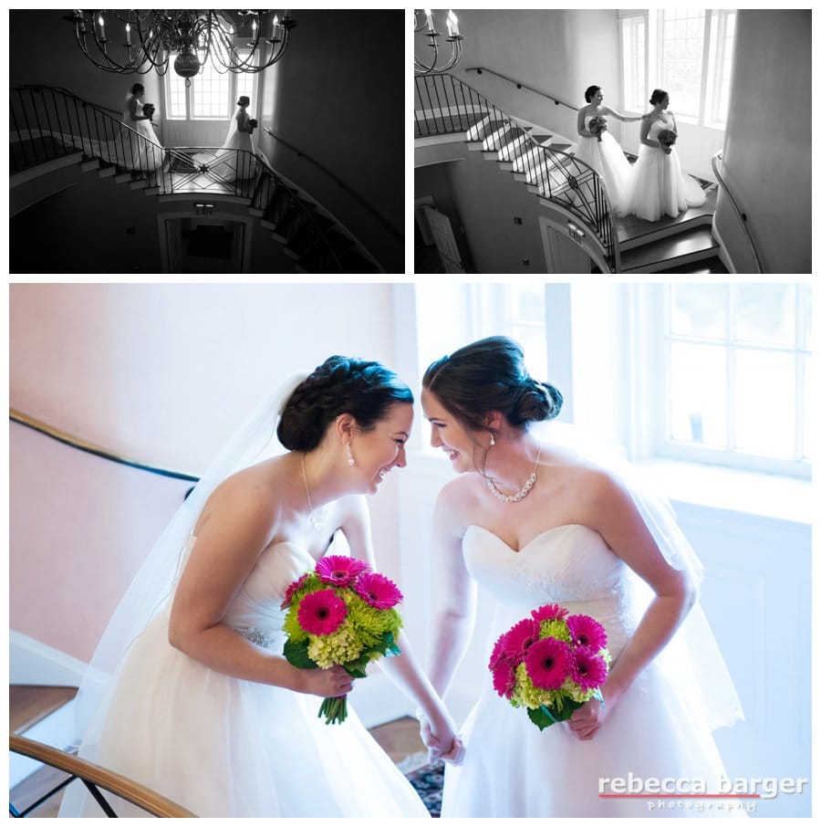 First Look for the couple on the staircase at Brantwyn Estate.