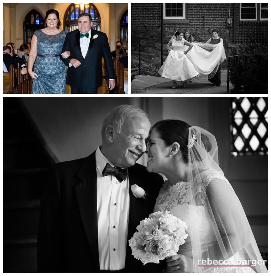 Kiera shares a moment with her dad right before they head down the aisle at St. Bridget's in East Falls, Phila. A wedding coordinator's assistance is great for situations like scampering through the light drizzle and keeping that gown dry. Thank you Seeds of Celebration wedding planners!