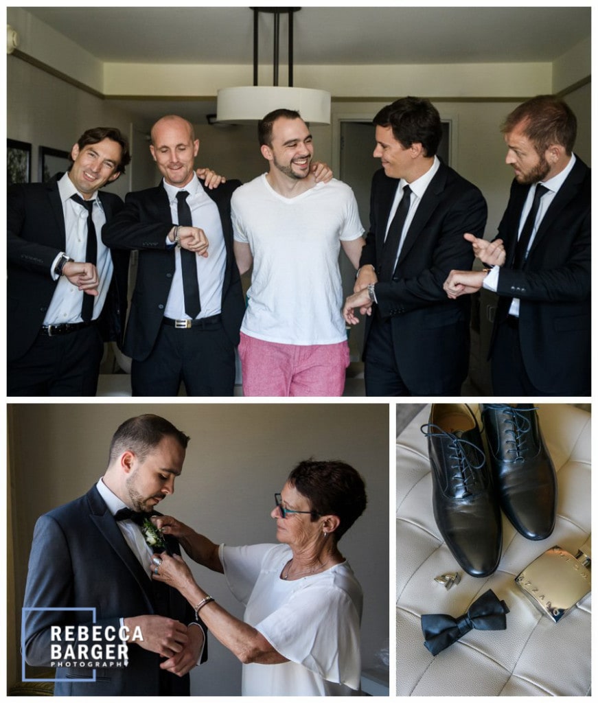 Gregory has boutonniere fastened by his mother and his guys tease him about being potentially late.