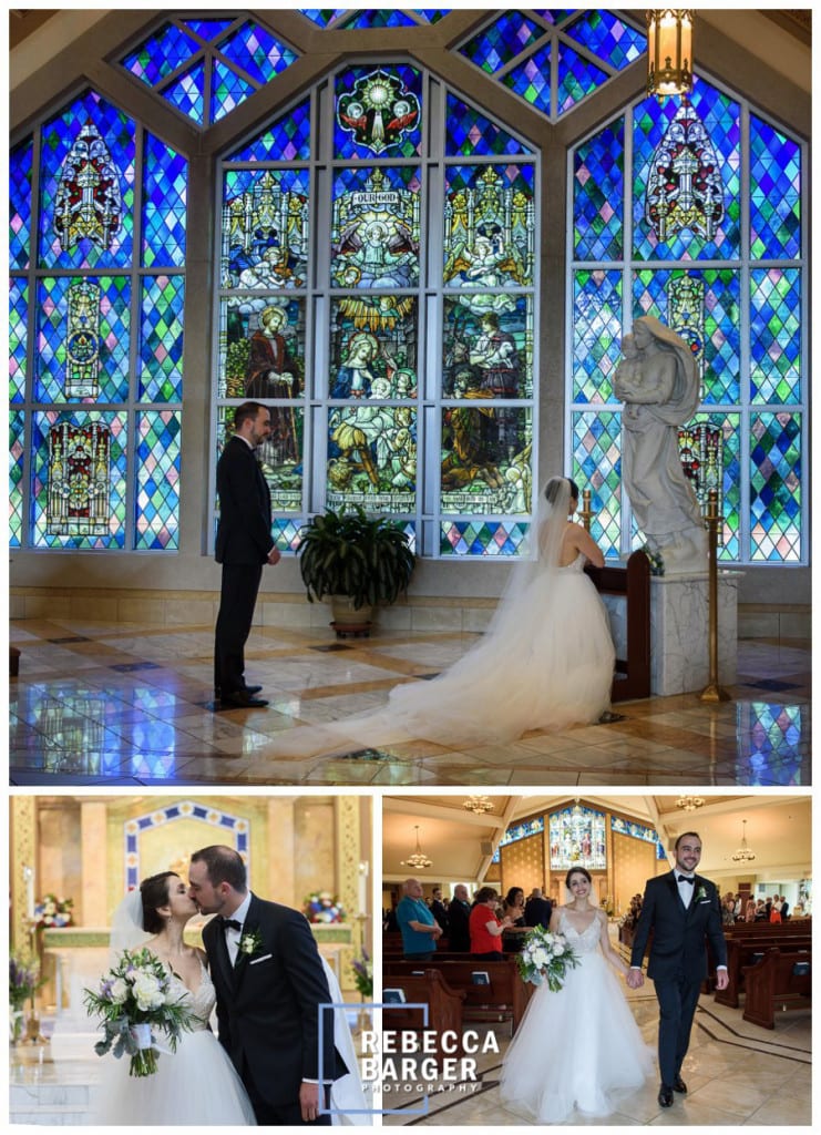 Alessandra presents flowers to the blessed mother at the end of their wedding ceremony at St. Mary Magdalen Roman Catholic Church.