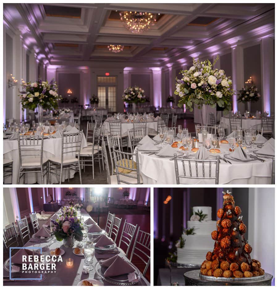 Finley Catering's Ellis Preserve's Ballroom, gorgeous lighting, flowers and both a traditional cake along with a lovely croquembouches French wedding cake.