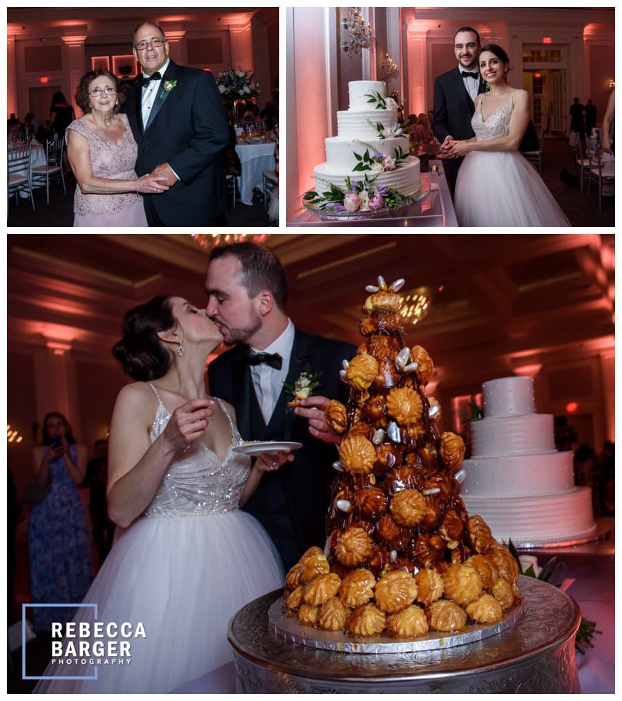 A kiss by the croquembouches, French wedding cake by Aux Petits Delices.