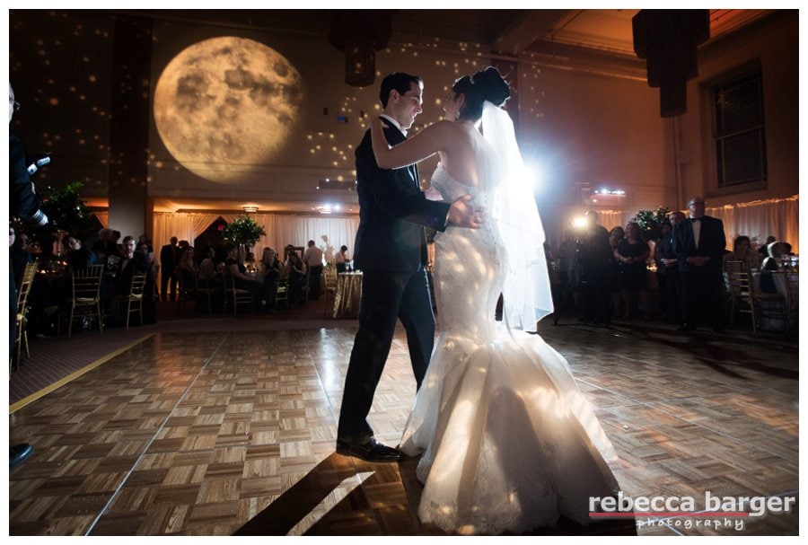 Logan + Yoni's gorgeous first dance, celestial lighting by EBE, Rodeph Shalom Wedding, Rebecca Barger Photography.