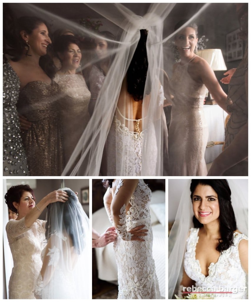 Finishing touches with Adriana's 'maids and her mom. Guipure lace gown by Orabella from Nicole Bridal.