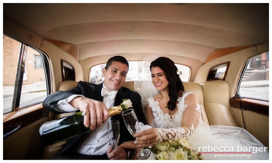 Champaign in a 1962 Rolls Royce, cheers Adriana + Dominic!