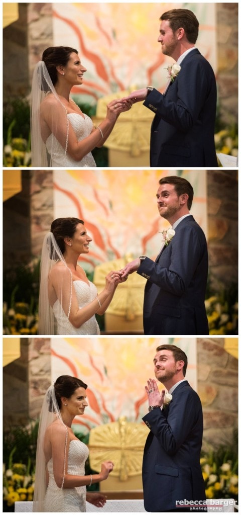 Jackie puts Tims ring on during their ring exchange at St. Joan of Arc Parish in Marlton.