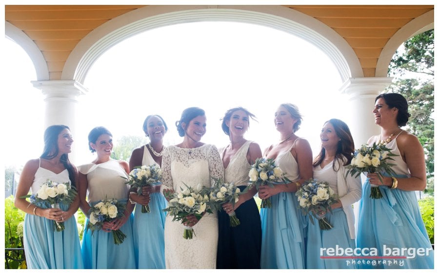 Liz and her gorgeous bridesmaids in the most stunning of blue dresses.