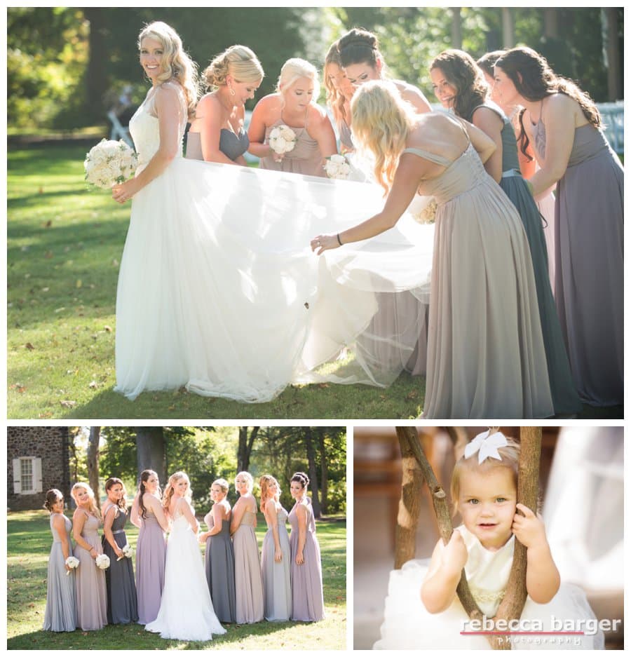 The maid pick the leaves out of Claire's gown.