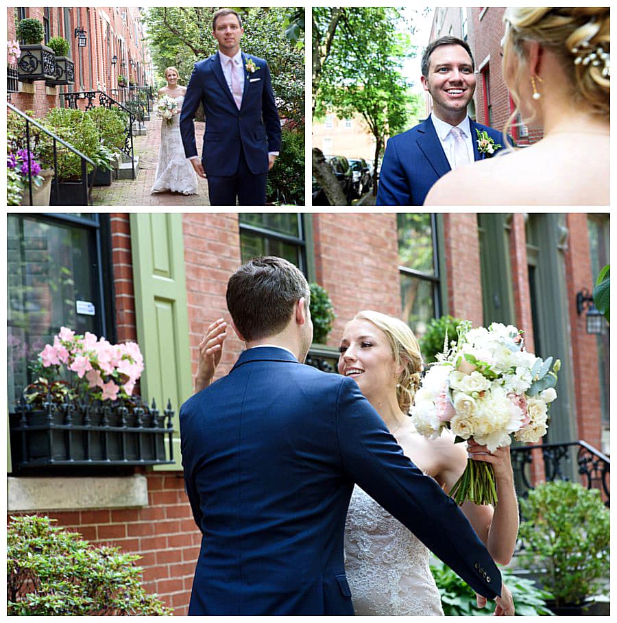 First look for the soon-to-be married couple on a flowery street in Fairmount, Philadelphia.