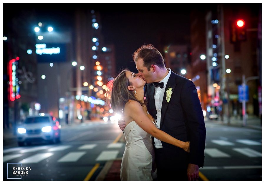 A good night kiss on Broad Street, what a lovely day to get married! Best Wishes Emily & Johnny, Rebecca Barger Photography.