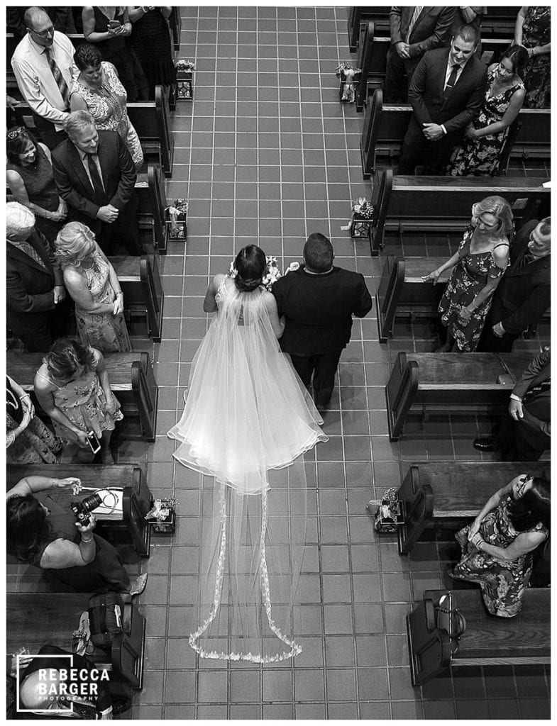 catholic ceremony, balcony view of bridal procession, catholic wedding