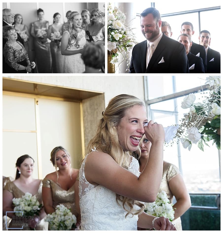 gorgeous bride cries during wedding ceremony